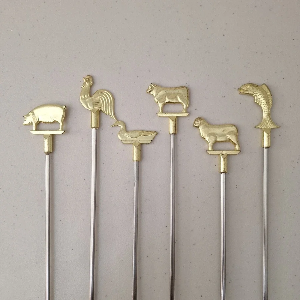 Vintage Set Of 6 Brass Skewers‎ Tops Farm Animals 15