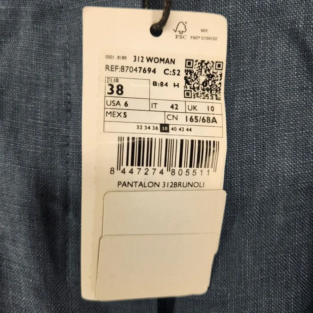 MNG Mango Women's Size 6 Blue Pleated‎ Detail Straight Fit Linen Pants NWT