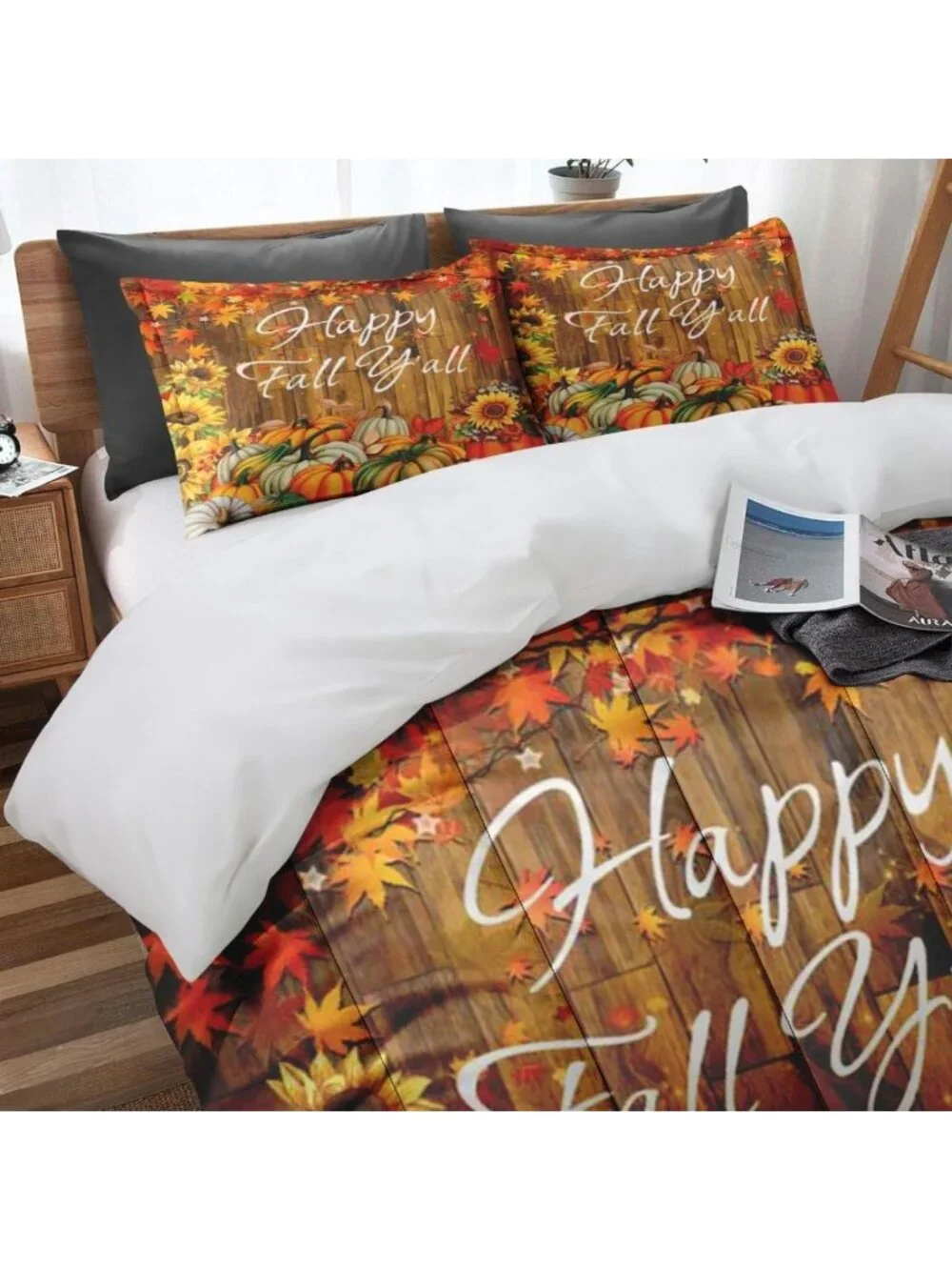 Cozy King Comforter Set of 3, Floral Sunflower & Pumpkin Bedroom Decor