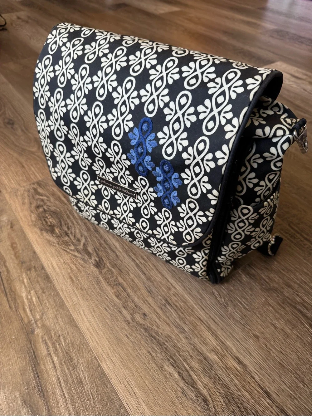 Petunia Pickle Bottom Black and White Patterned Messenger with Blue Accent