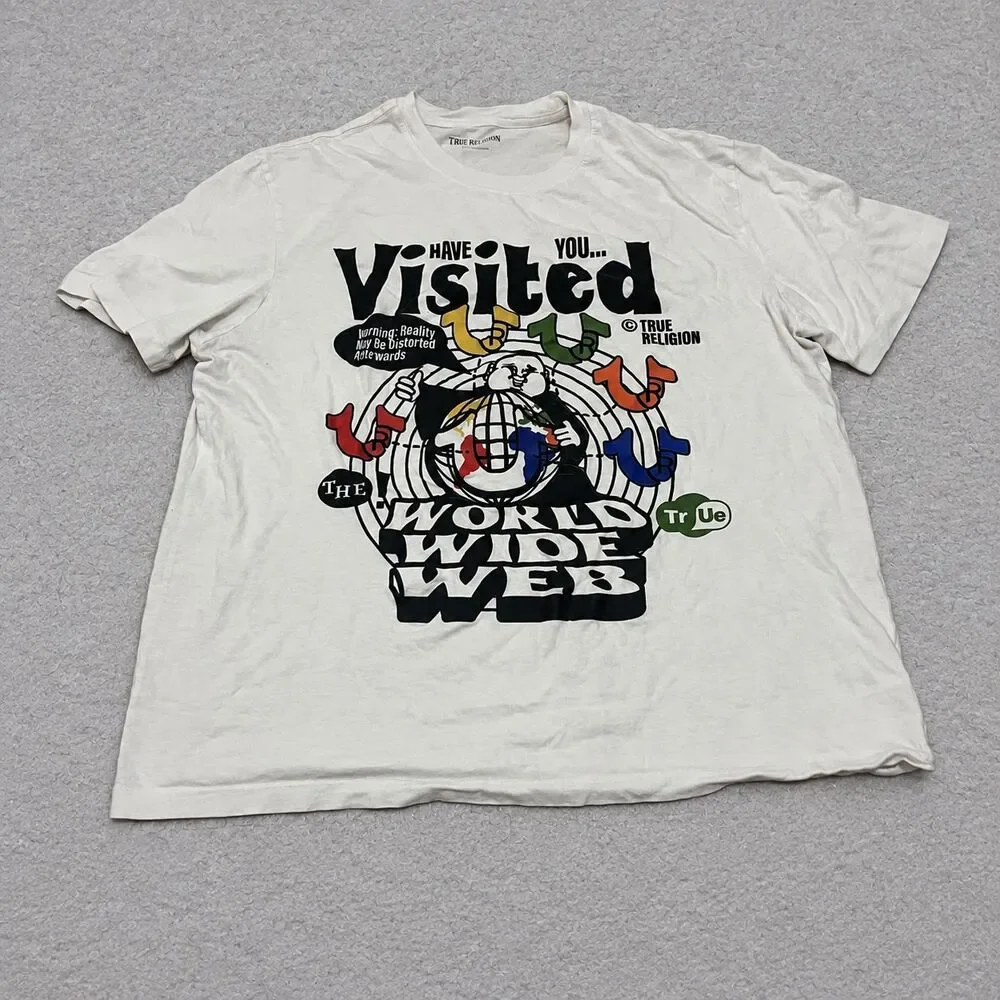 True Religion Mens XL White Distorted World Wide Web Graphic T-Shirt Buddha Tee