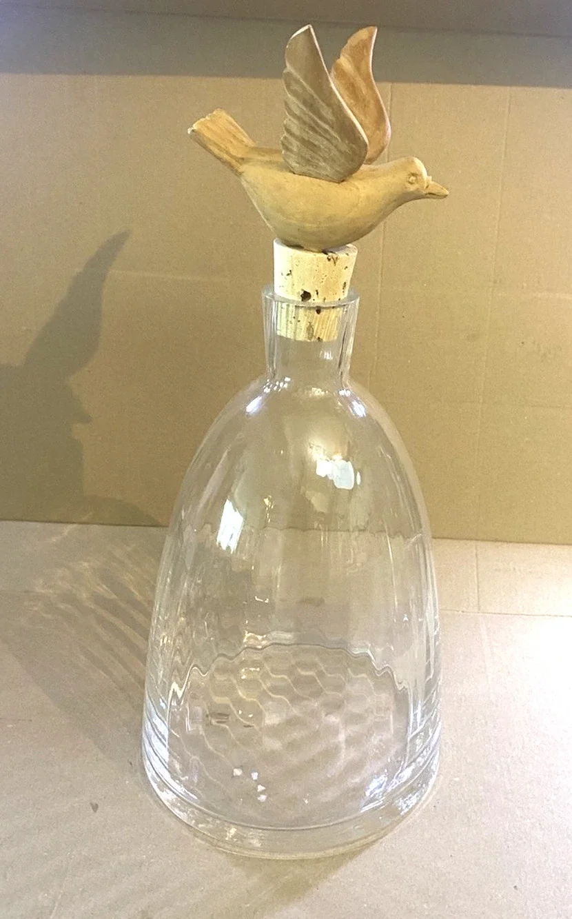 Striated Handblown Glass Decanter Carafe Wooden Bird Stopper 14