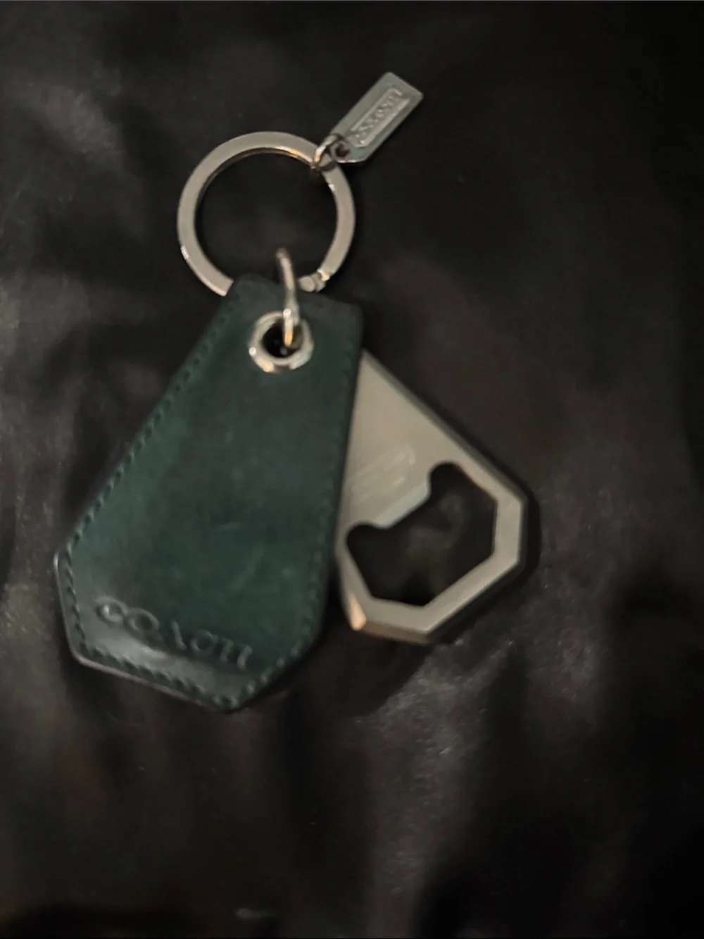 Coach Teal Leather Key Fob with Metal Bottle Opener
