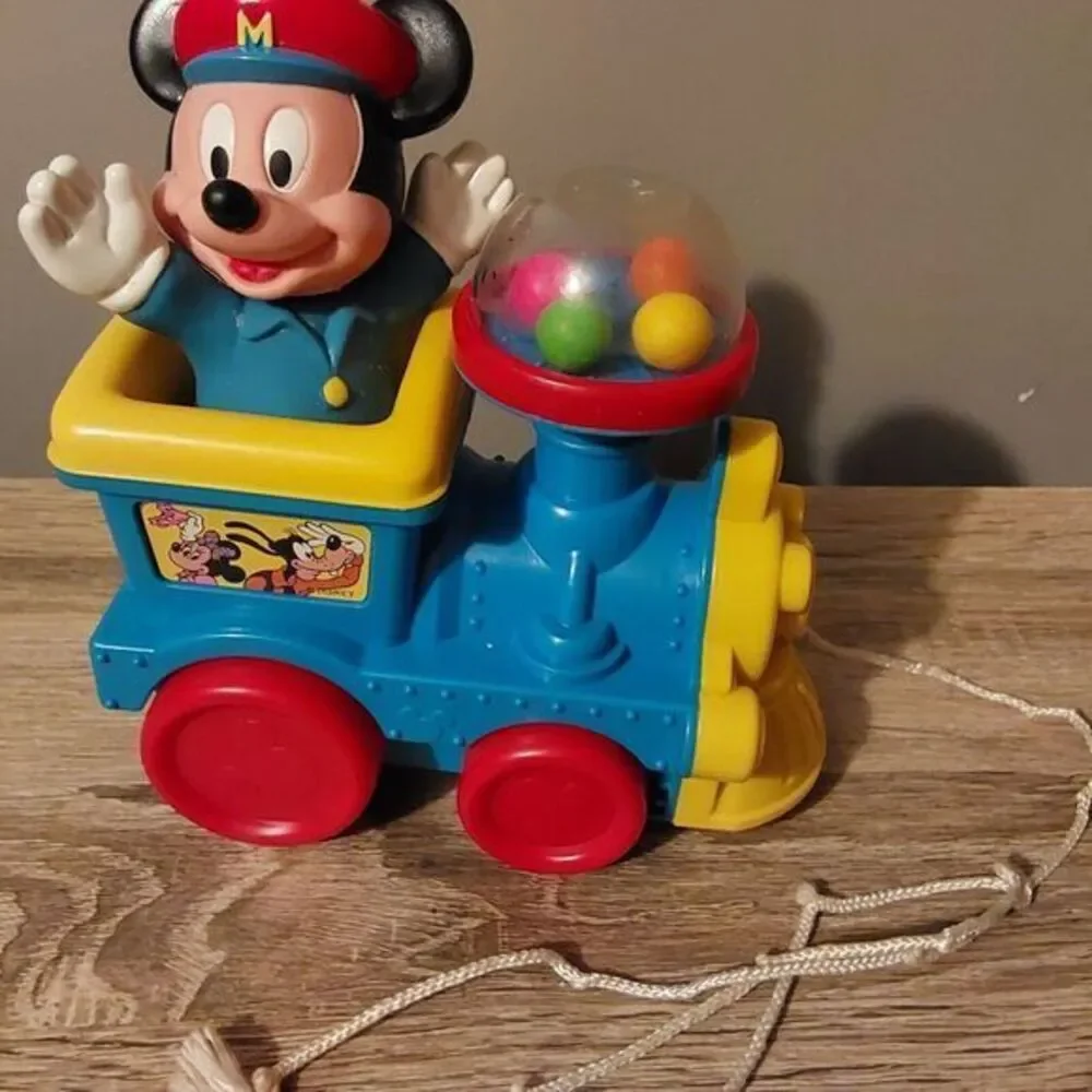 Vintage Plastic Disney Mickey Mouse on Train Pull Toy Balls Pop‎ Up when pulled