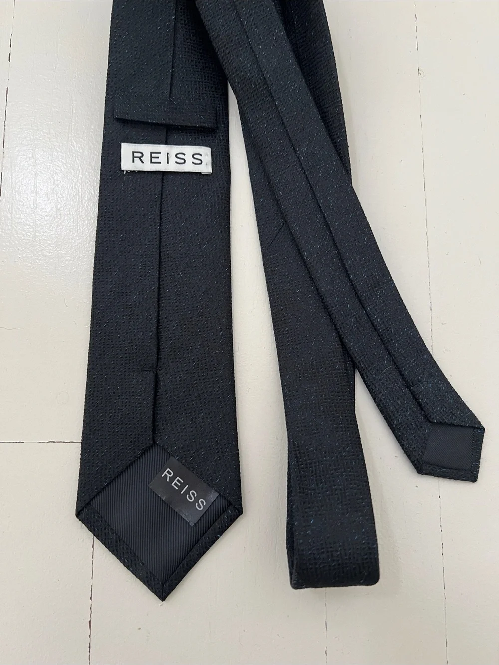 Reiss Black Textured Silk Tie with Blue Flecks