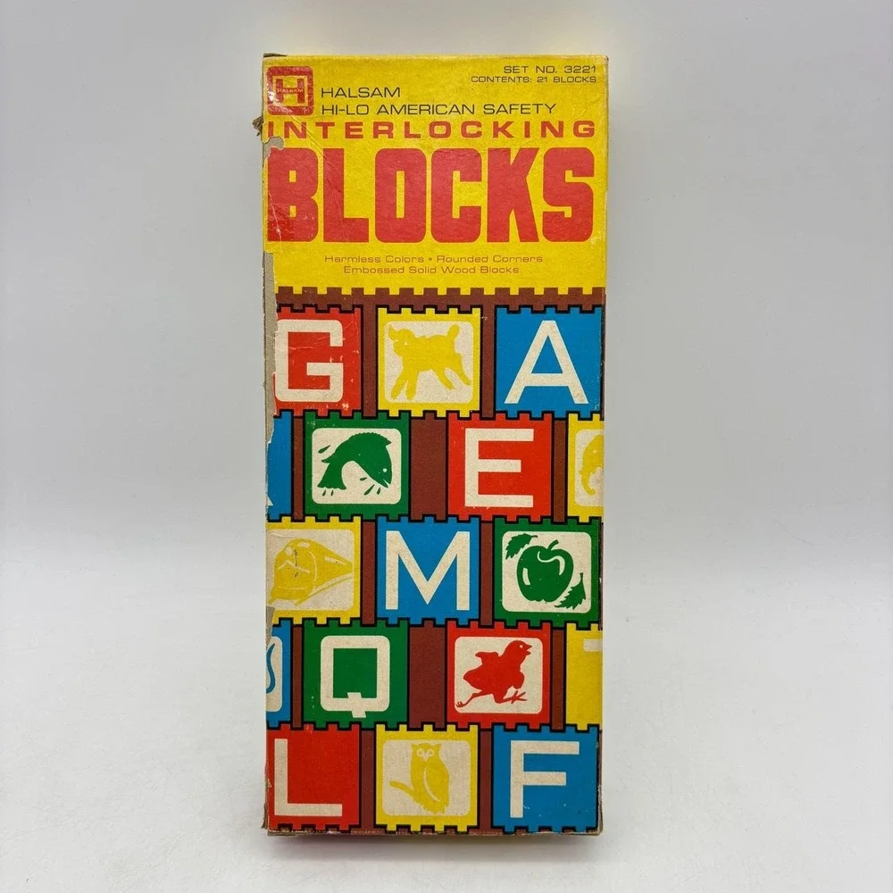 VINTAGE Halsam Hi Lo Interlocking Blocks COMPLETE 21 Wood Blocks Set no 3221