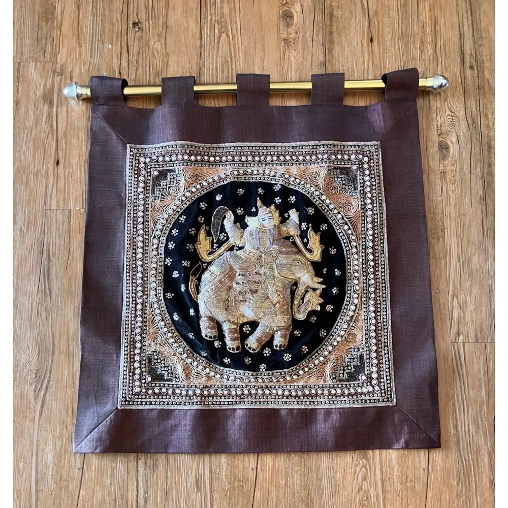 Vintage Kalaga Elephant Wall Hanging Tapestry Brown Gold Embroidered Art