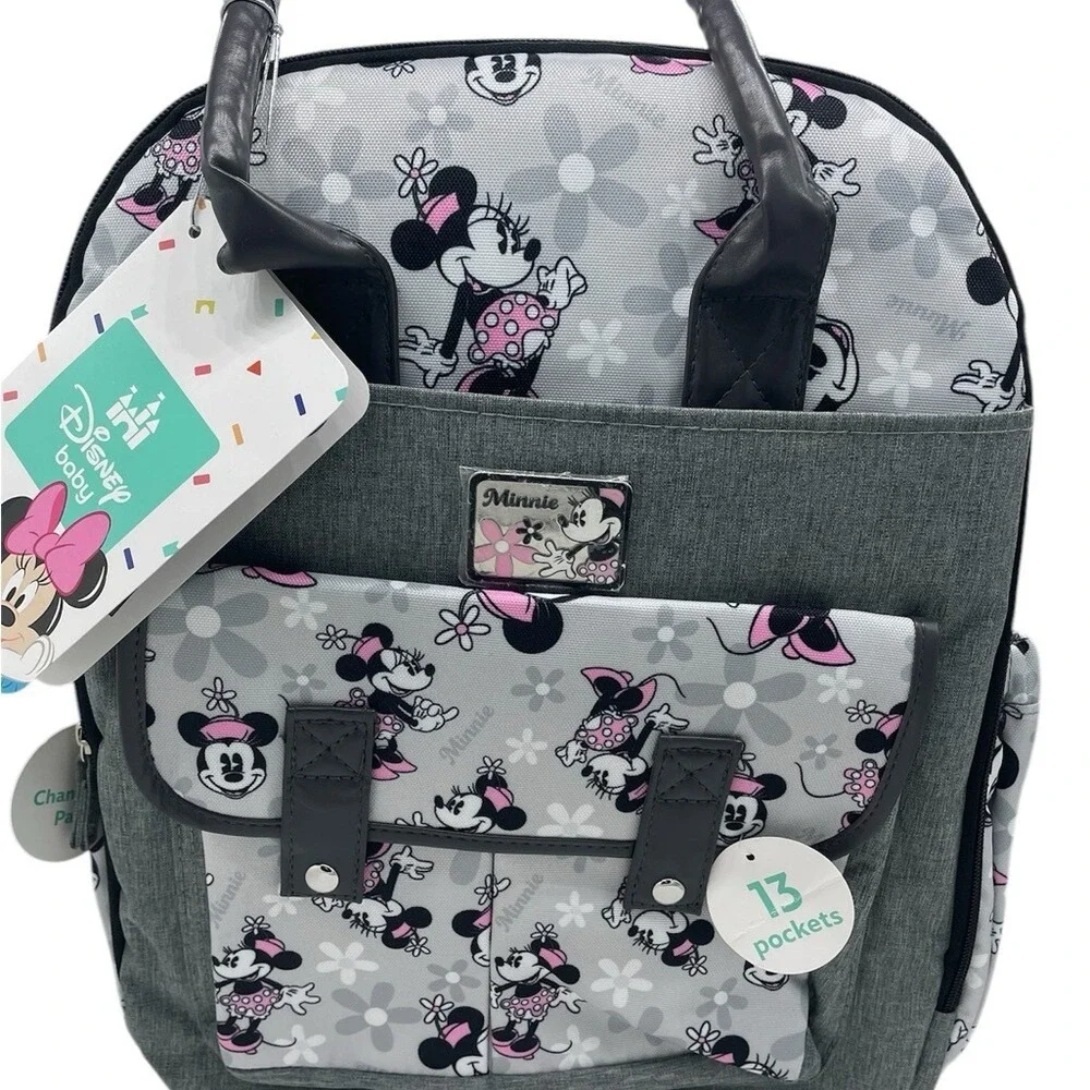 Disney Baby Minnie Mouse Diaper Bag Backpack Grey 13 Pockets Stroller Loops NWT‎