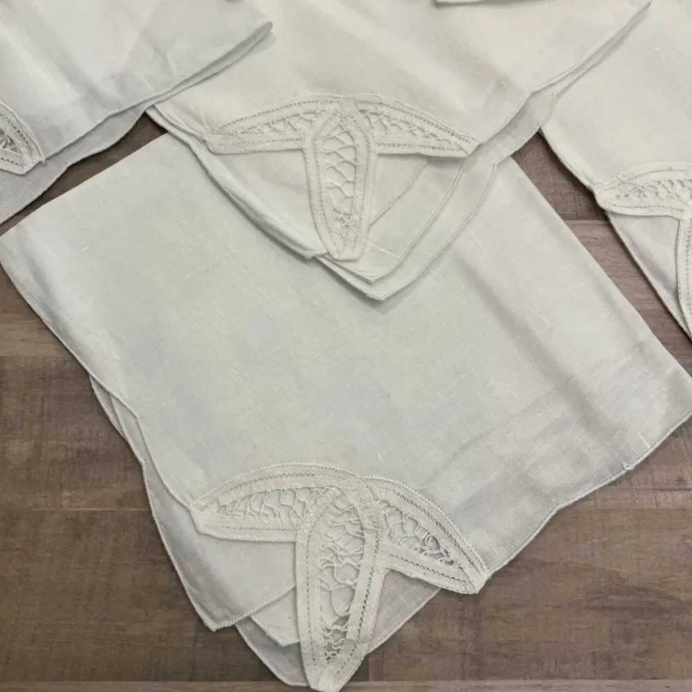New Vtg SET 6 White Cotton Linen Battenberg Embroidered Lace Napkins 17