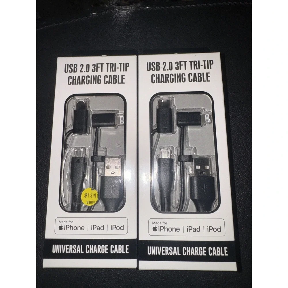 2 Universal USB Port Charging Cable 3 ft Tri-Tip ‎ iPhone iPad iPod USB-C Micro