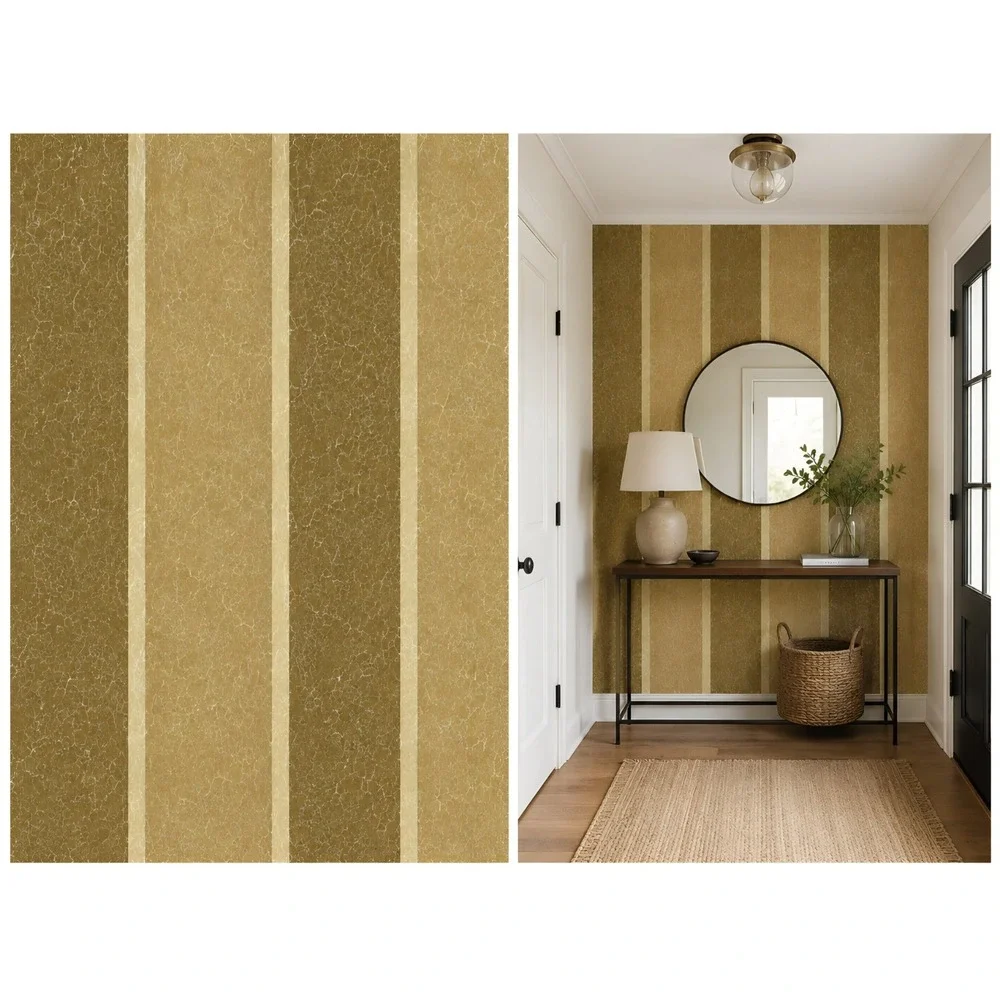 York Gold Silver Foil Crackle Striped Beige VTG Dbl Roll Wallpaper West Wind Des