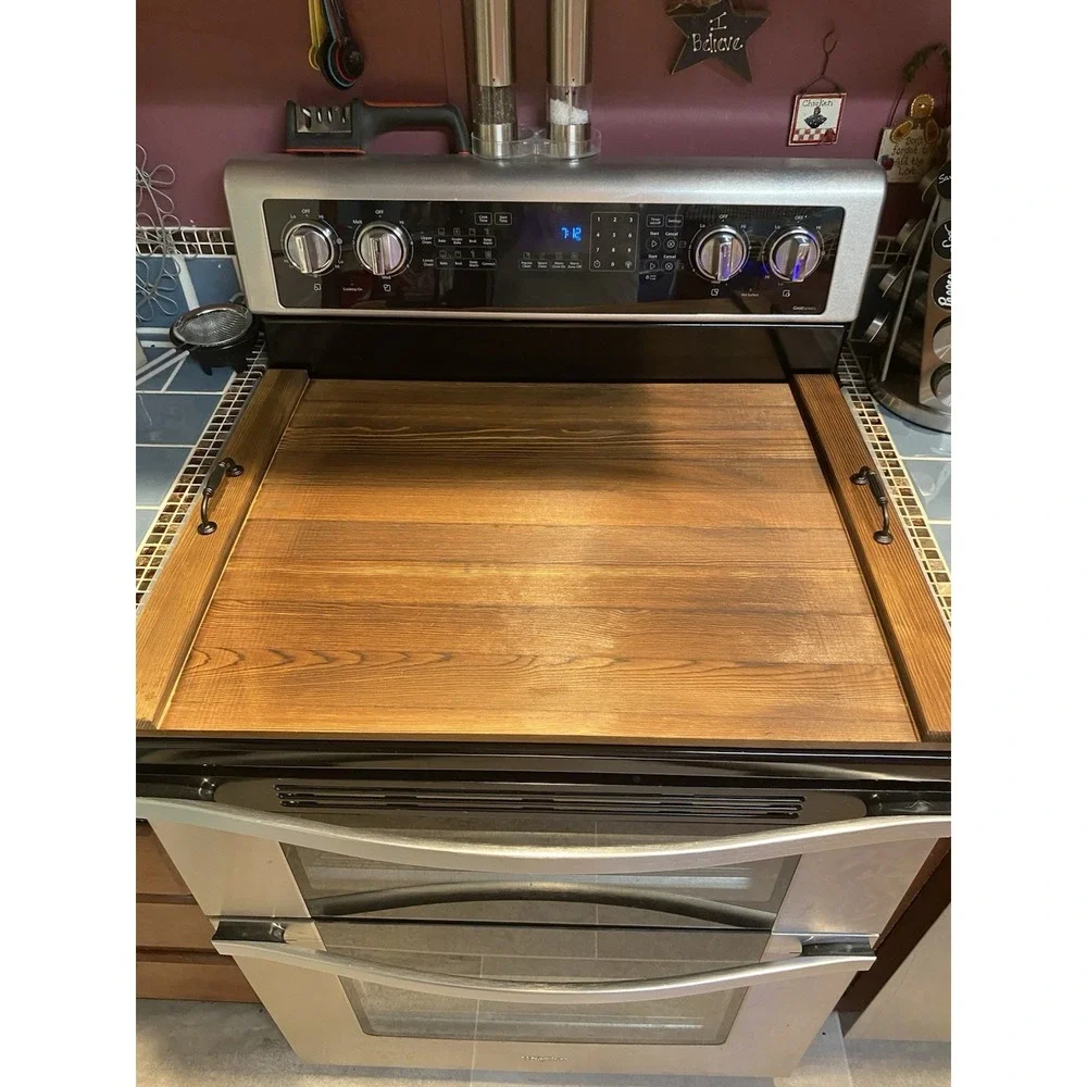 Handmade Rustic Wooden Stove Cover Noodle Board w/ Handles Farmhouse Decor‎ NEW
