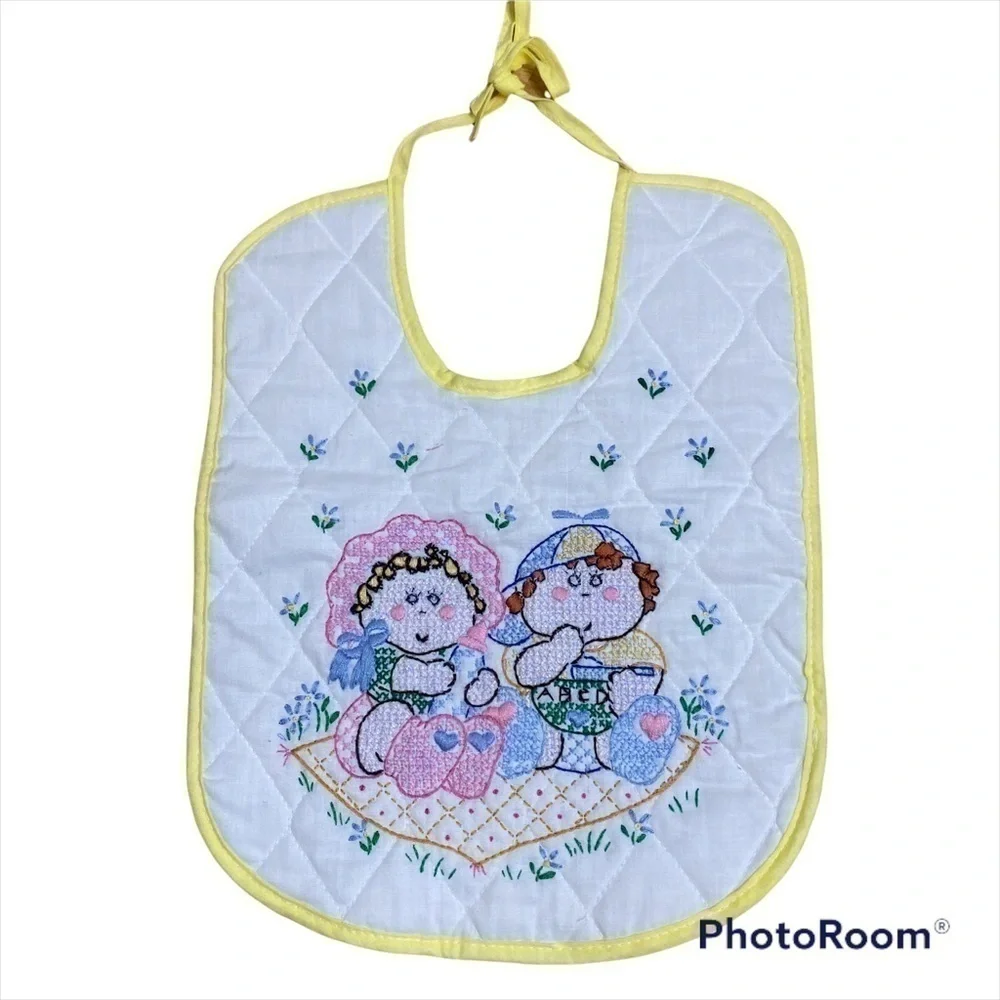 Vintage Cross Stitch Cabbage Patch Kids Baby Bib Yellow White Gender Neutral