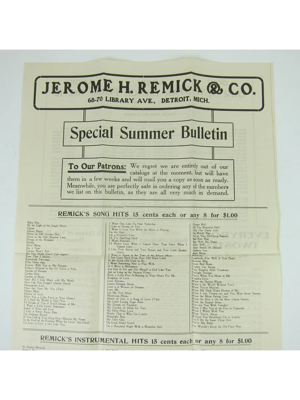 Sheet Music Jerome H. Remick & Co Advertising Summer Bulletin Antique 1912 RARE