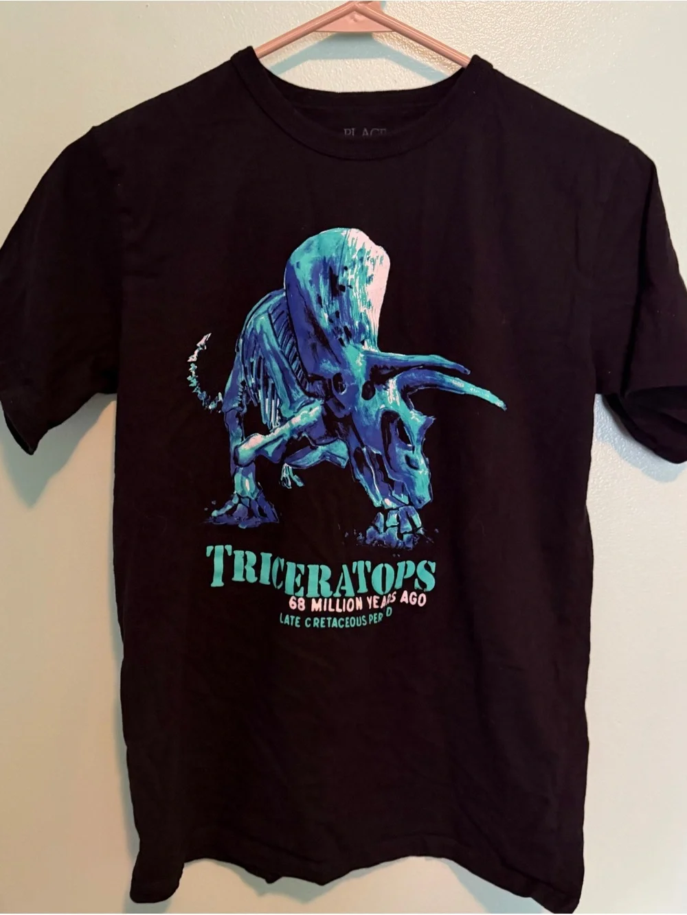 Boys XL The Children's Place Black Tee with Blue-Green Triceratops Graphic