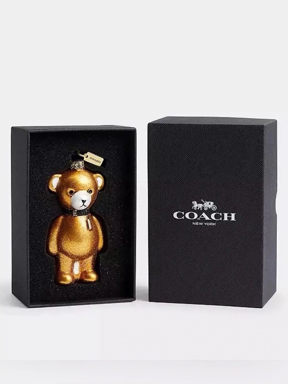 NWT Coach Glass Bear Holiday Ornament Gold Glitter with Gift Box (CCD51)