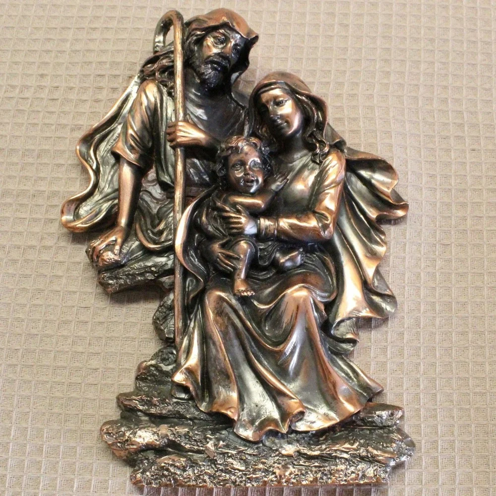 Holy Family Wall Plaque Bronze Finish Religious Nativity Art Sculpture 7.25