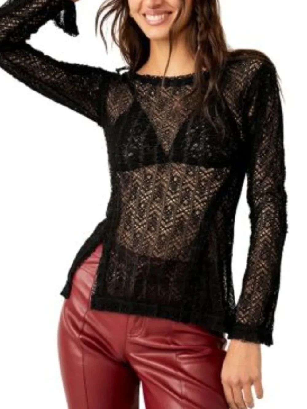 Free People On The Road Twisted Tee Sheer Knit Lace Mesh Slit Top Size M NWT!