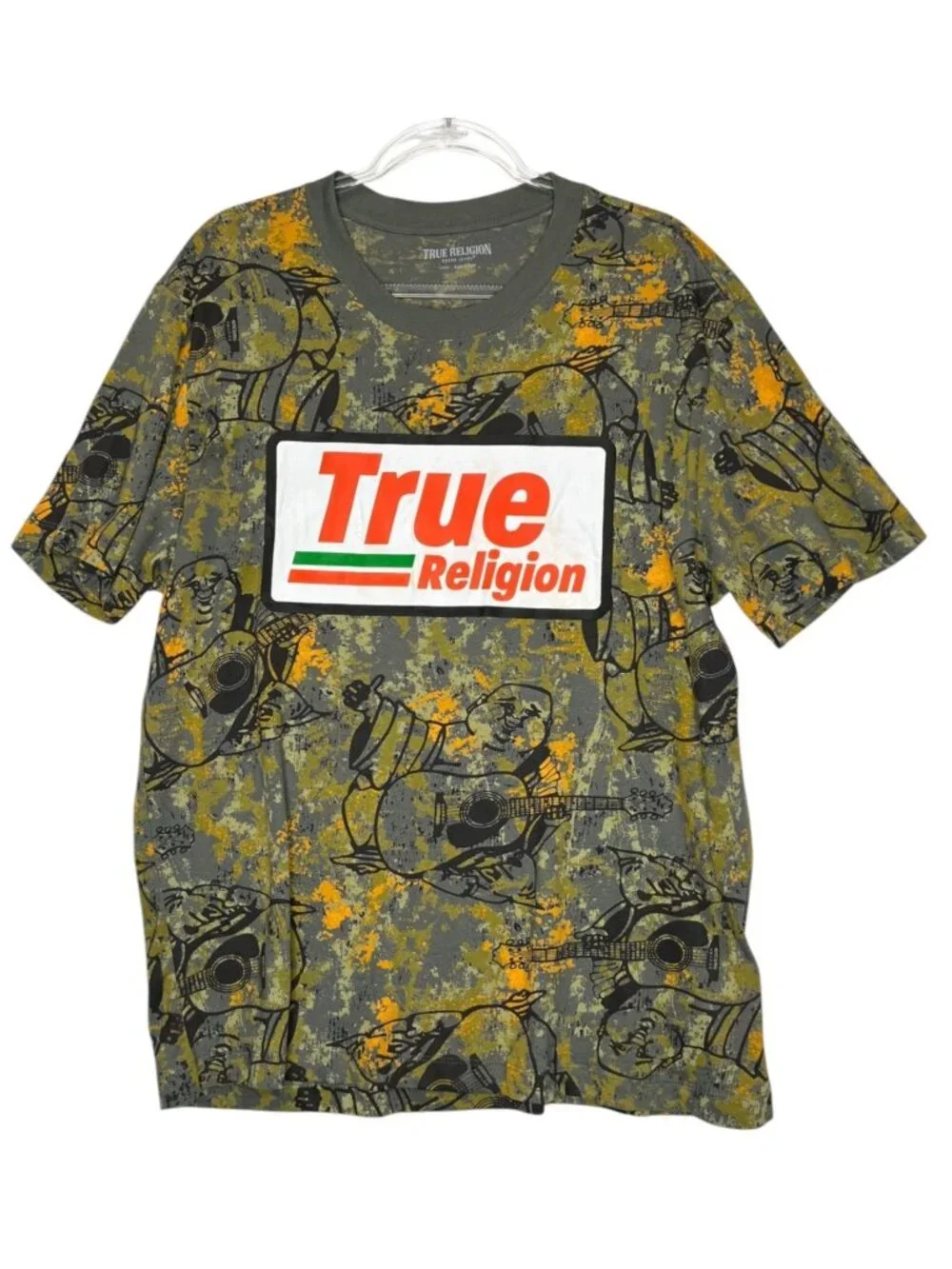True Religion Buddha Camo T Shirt Mens Large Guitar Graphic Logo Patch Tee