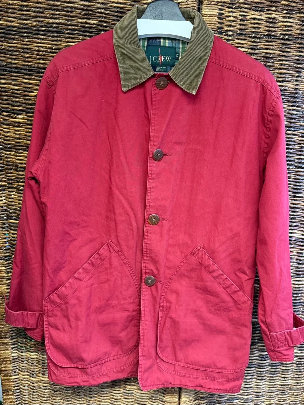 J. Crew Vintage Men’s Red Jacket with Tan Corduroy Collar- Chore Jacket,‎ XSmall