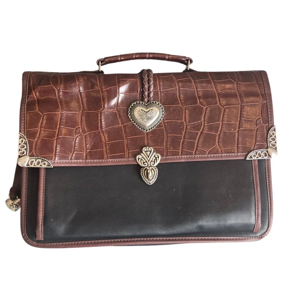 Vintage Brighton Briefcase Organizer Bag‎ Leather Two Tone Croc Embossed Western