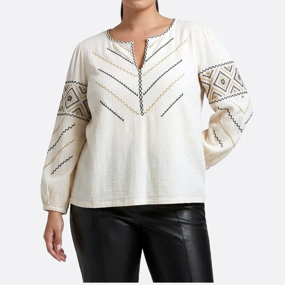 Madewell‎ Embroidered Gauze Peasant Top Antique Cream Blouse L XL 0X 1X Boho