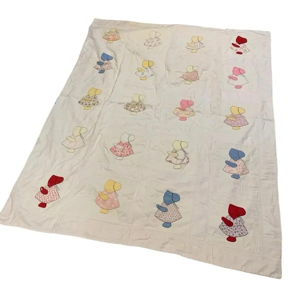 Vintage Sunbonnet Sue Quilt Cutter Primitive Hand Applique‎ Cottage 63x79” READ