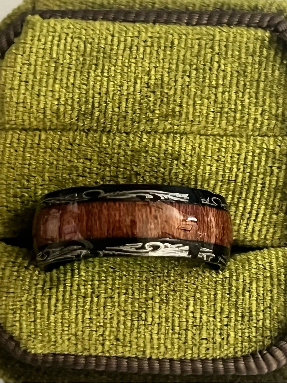 Titanium Steel Wood Finish Black Trim Polished Finish 4mm Unisex Band Size 9