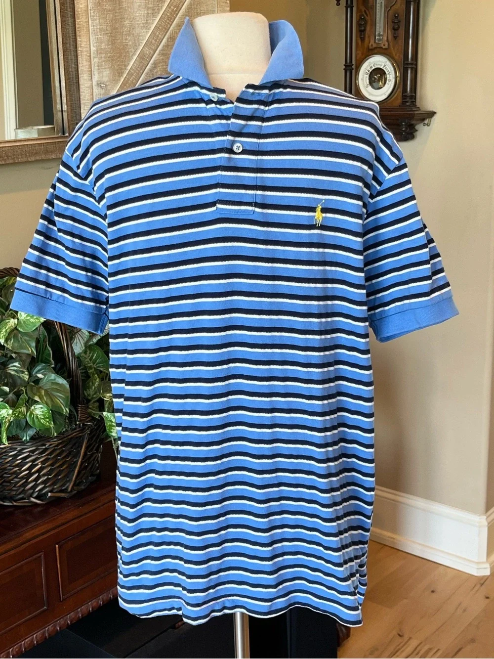 Ralph Lauren Blue with Black and White Striped Polo with Yellow Pony
