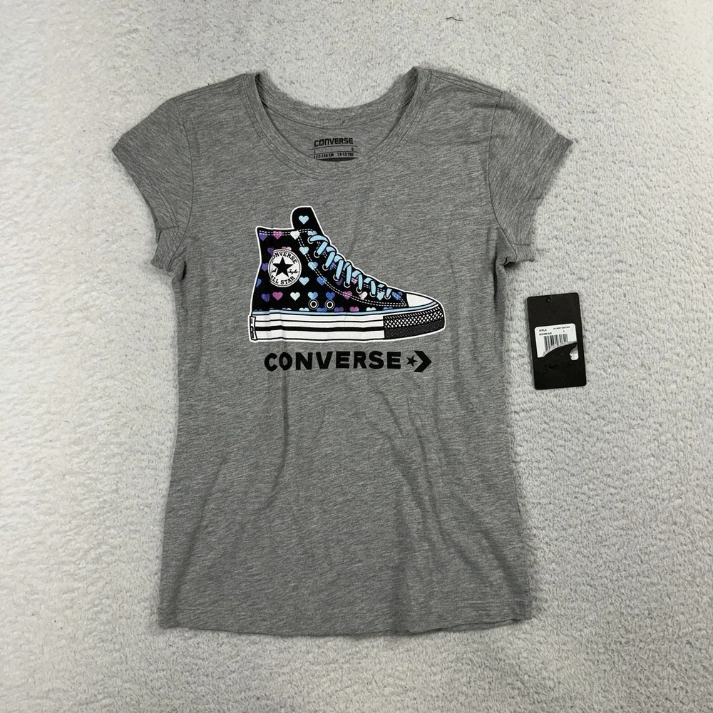 Converse All Star Graphic T-Shirt-Gray Heather Youth Sz L-Heart Chuck TaylorShoe