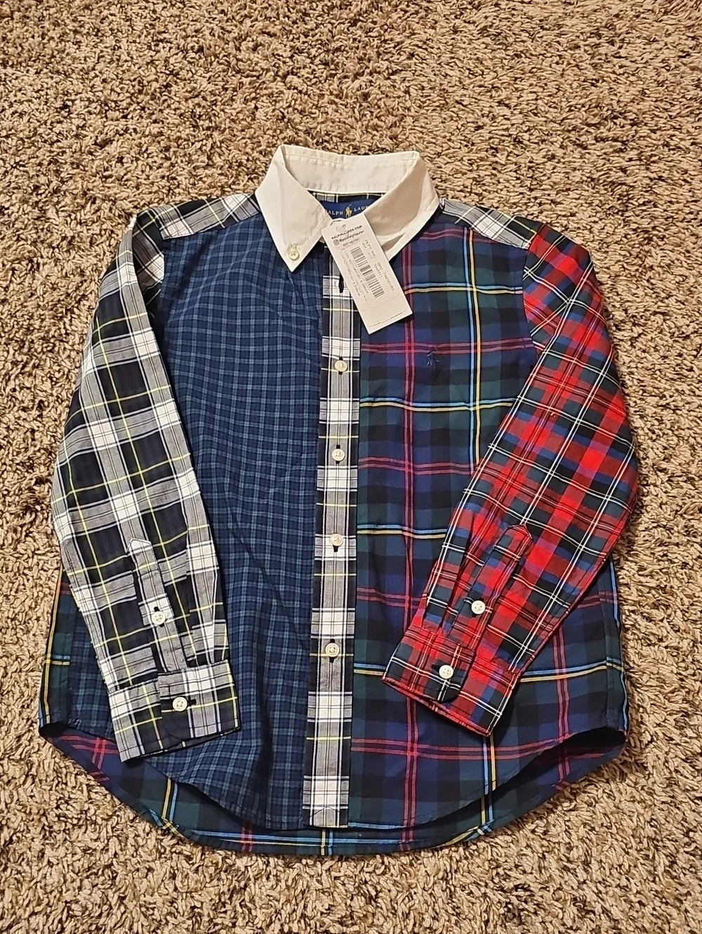 Ralph Lauren Multicolor Plaid Patchwork Button-Down Shirt with White Collar