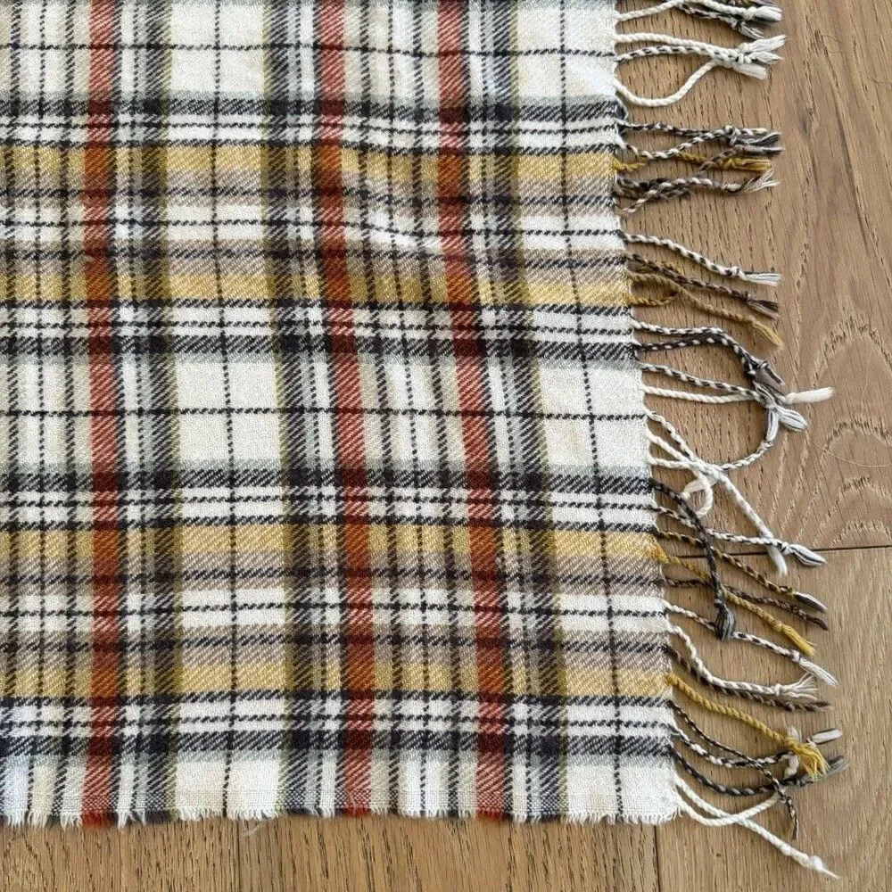 Pottery Barn Plaid Throw Blanket Yellow Brown Cream Fringe 50x60 Fall