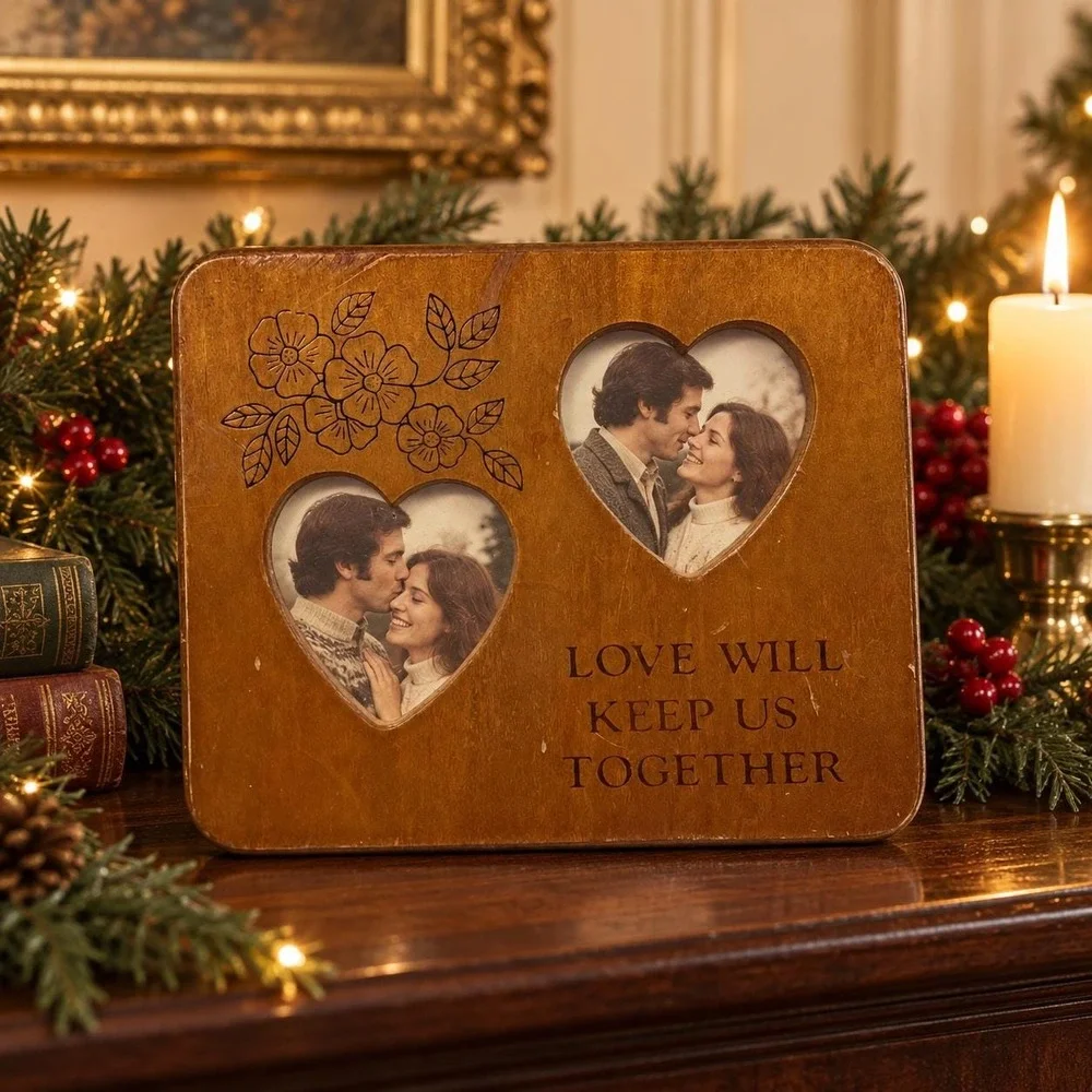 Wooden Double Heart Photo Frame Love Will Keep Us Together Floral VTG