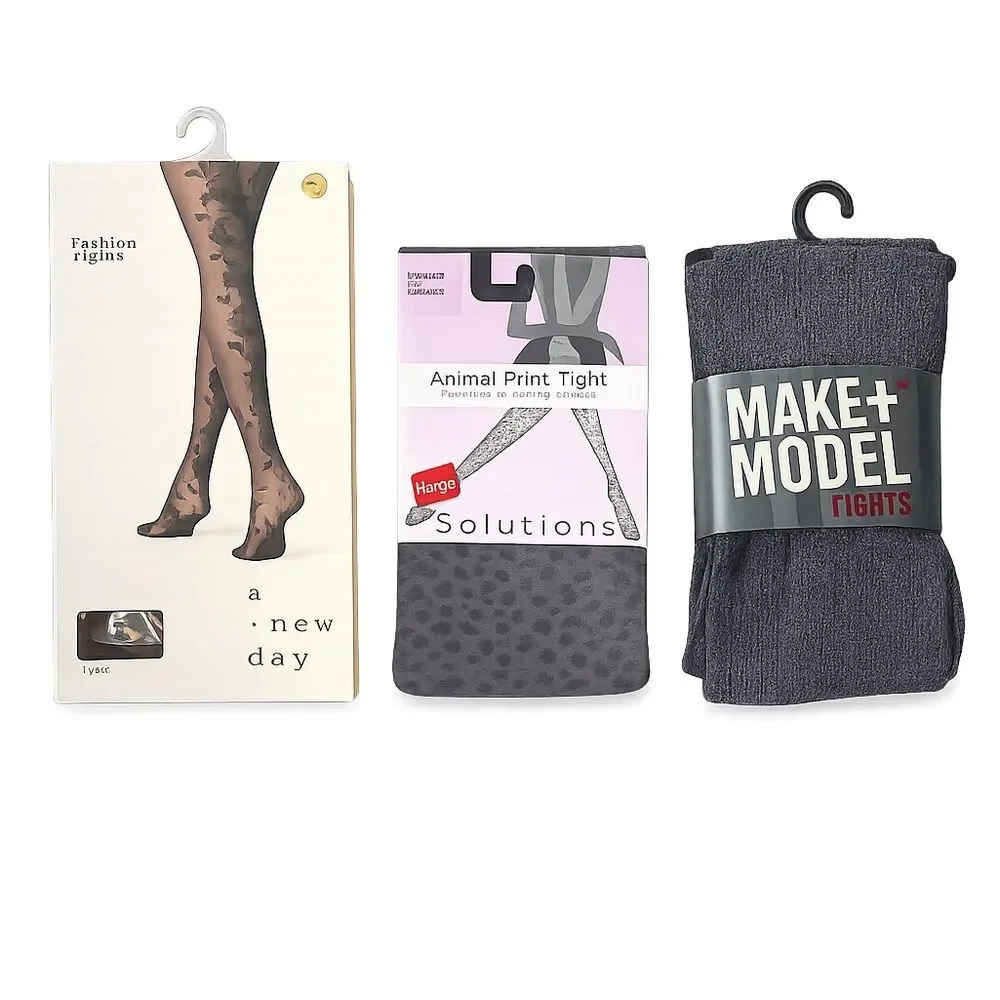 Womens Tights Bundle 3 Pairs Floral Sheer Animal Print Textured Gray New