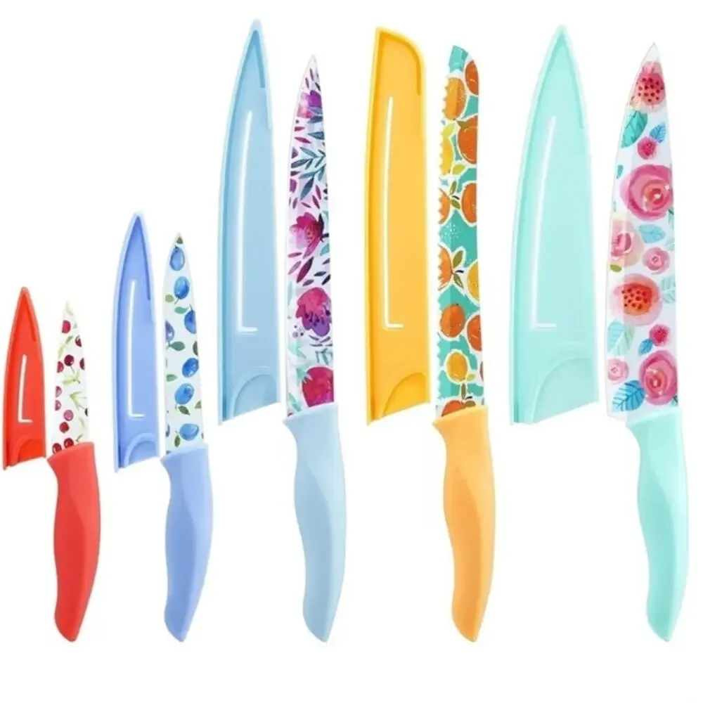 5pc Floral Kitchen Knife Set High Carbon Stainless Steel w/ Blade Covers