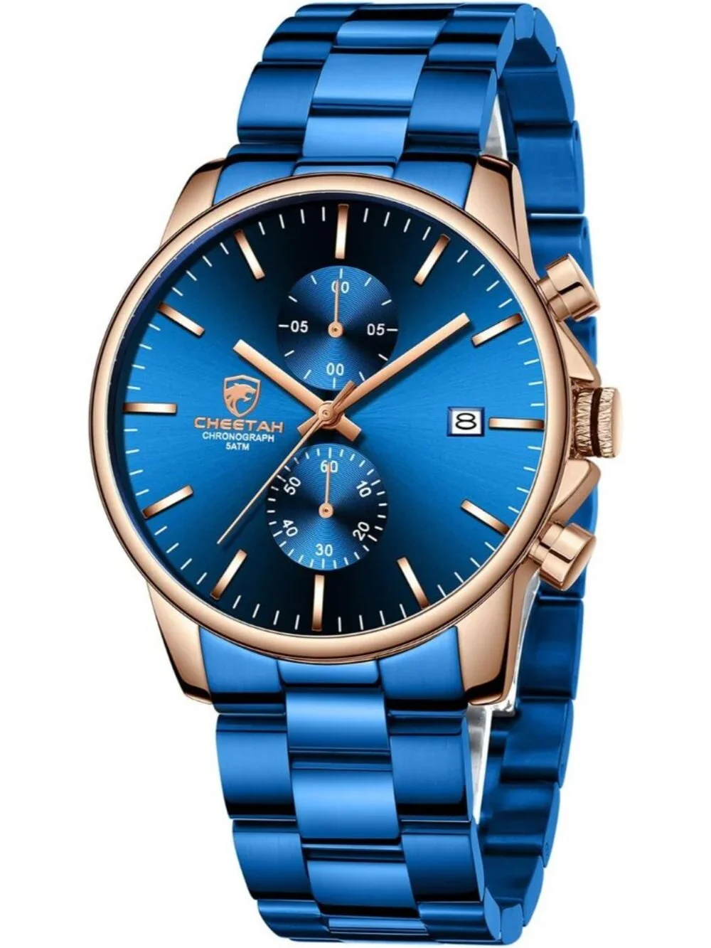 Men's Rose Blue Fashion Stainless Steel Waterproof Chronograph Quartz Watches