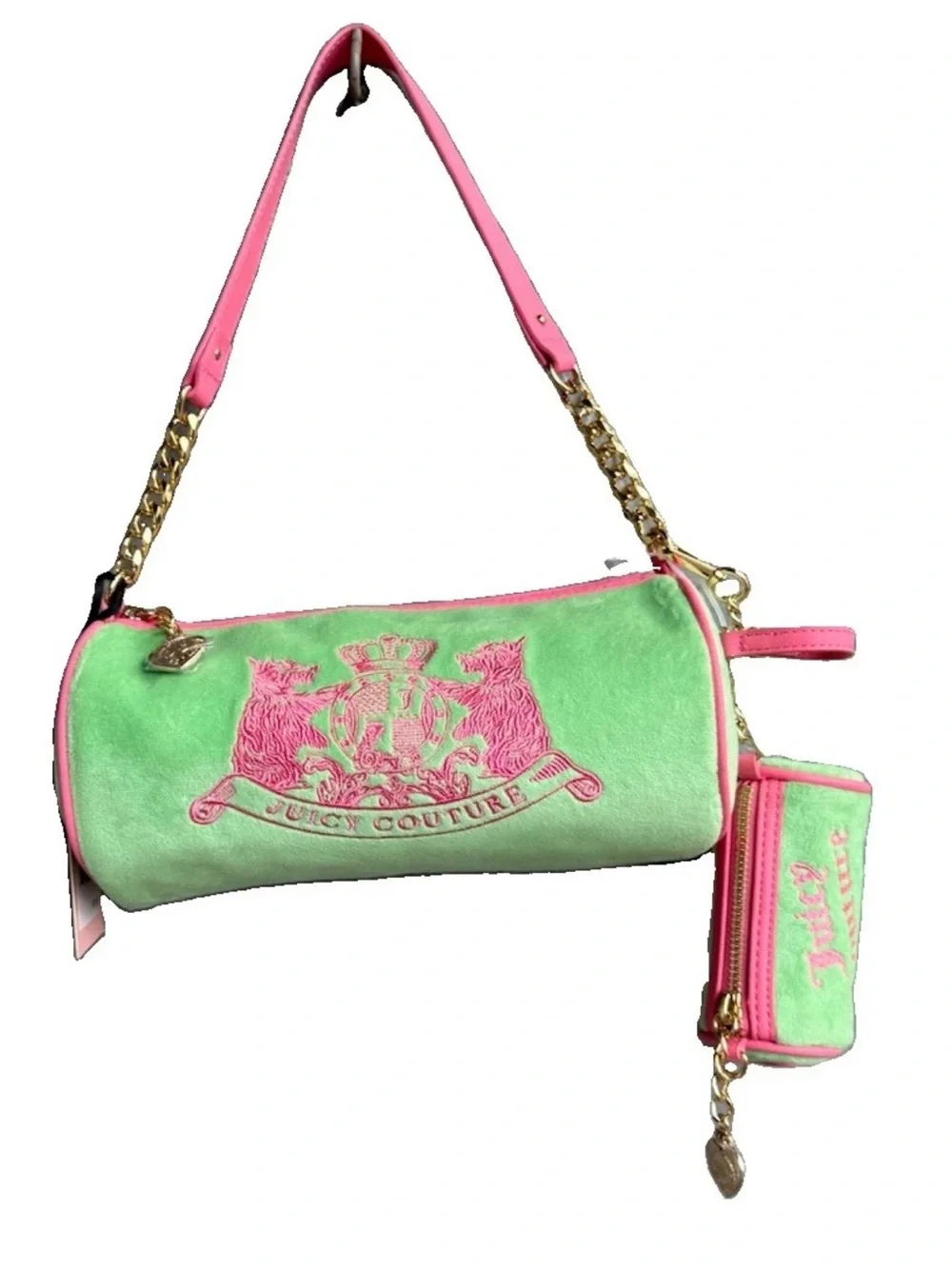 Juicy Couture Retro Green Pink Scottie Dog Barrel Crossbody Bag Charm Set 2pc