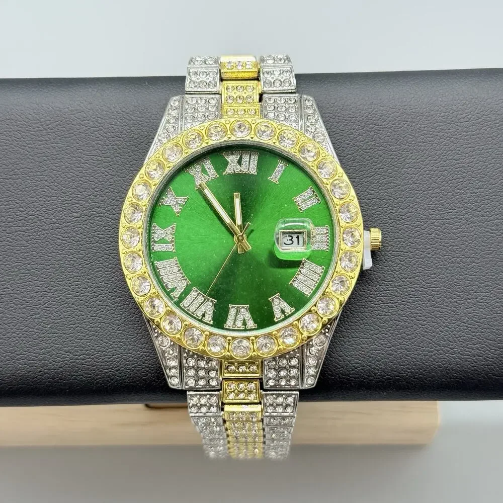 Mens Two Tone Iced Out Watch Green Sunray Dial Roman Numerals Bling Calendar