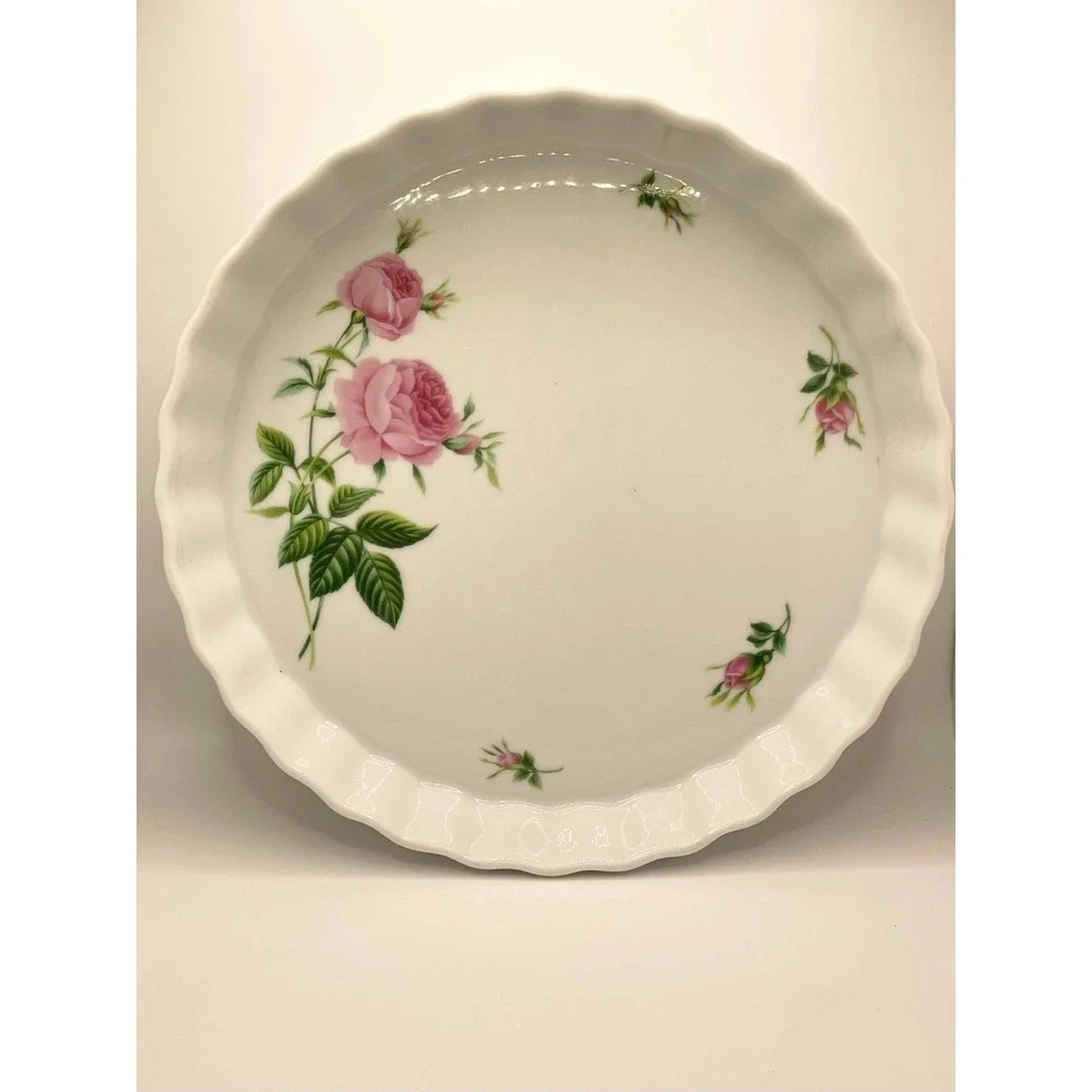 Christineholm Porcelain Quiche Tart Dish Pink Rose Floral Fluted White‎ Round