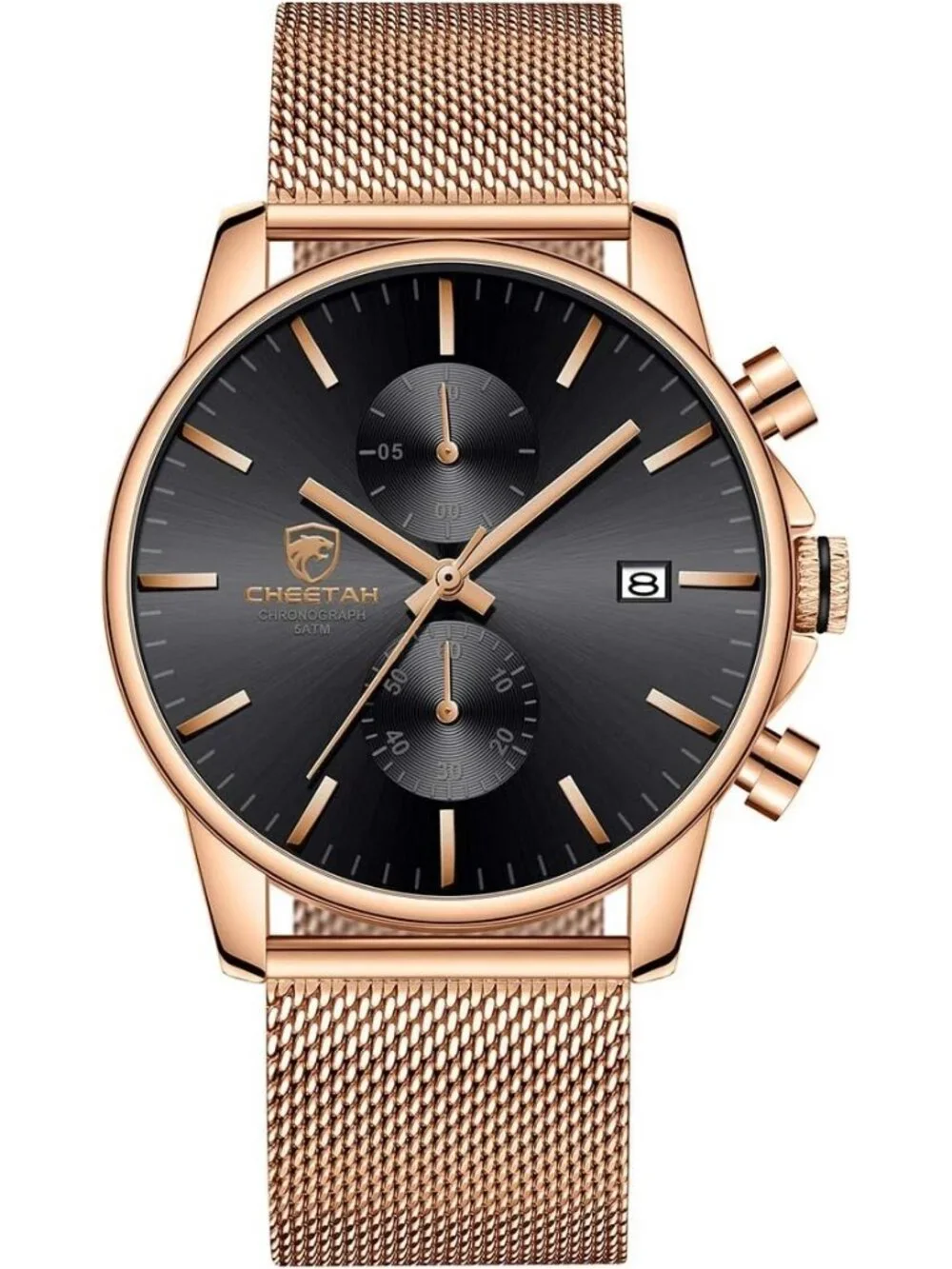 Men's Rose Gold Black Mesh Stainless Steel Minimalist Analog Chronograph Watch
