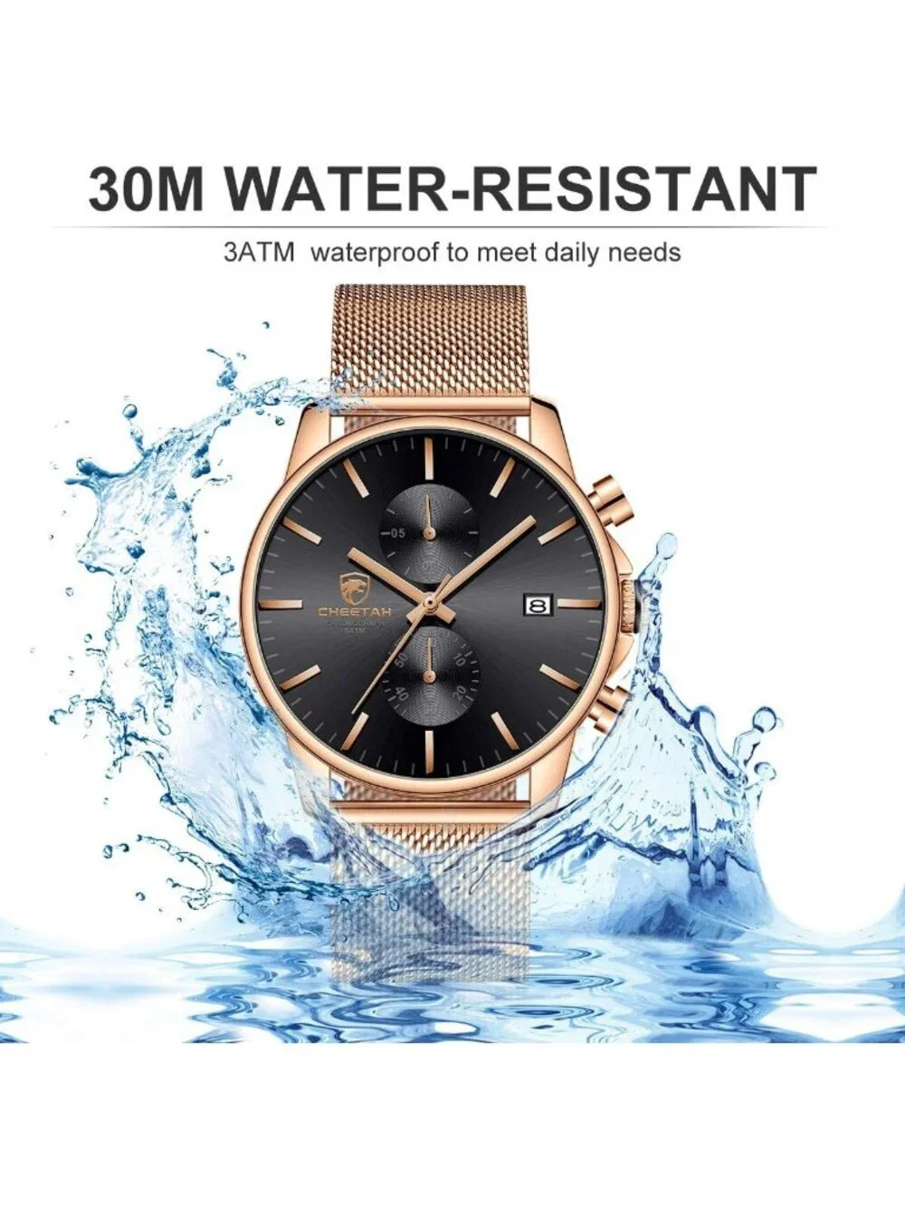 Men's Rose Gold Black Mesh Stainless Steel Minimalist Analog Chronograph Watch