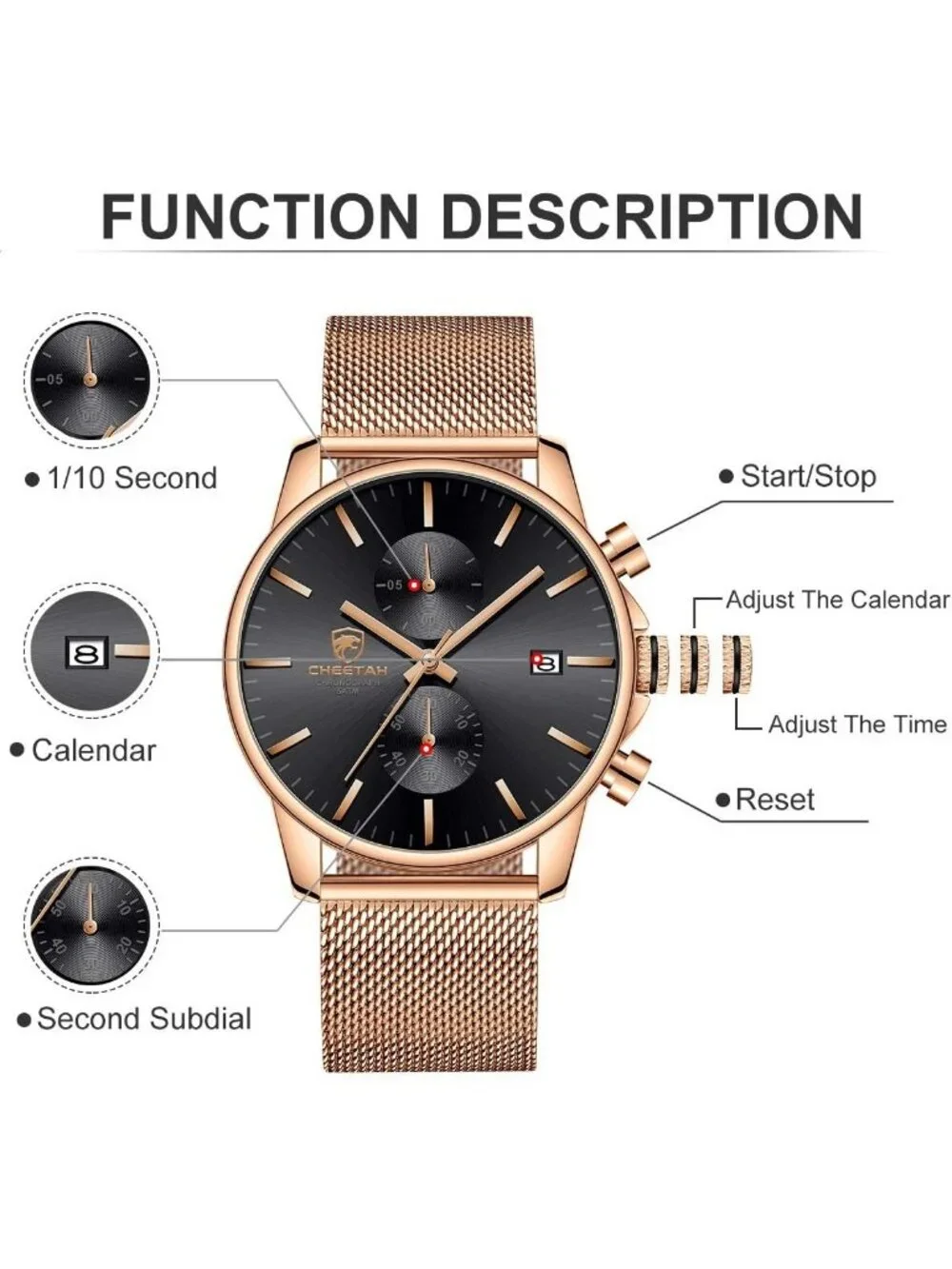 Men's Rose Gold Black Mesh Stainless Steel Minimalist Analog Chronograph Watch