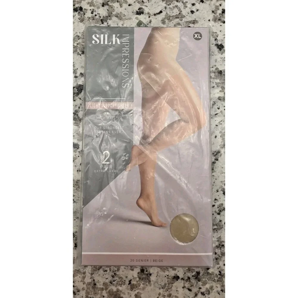 Silk Impressions 2 Pair XL Sheer Pantyhose 20 Denier Beige Light‎ Support