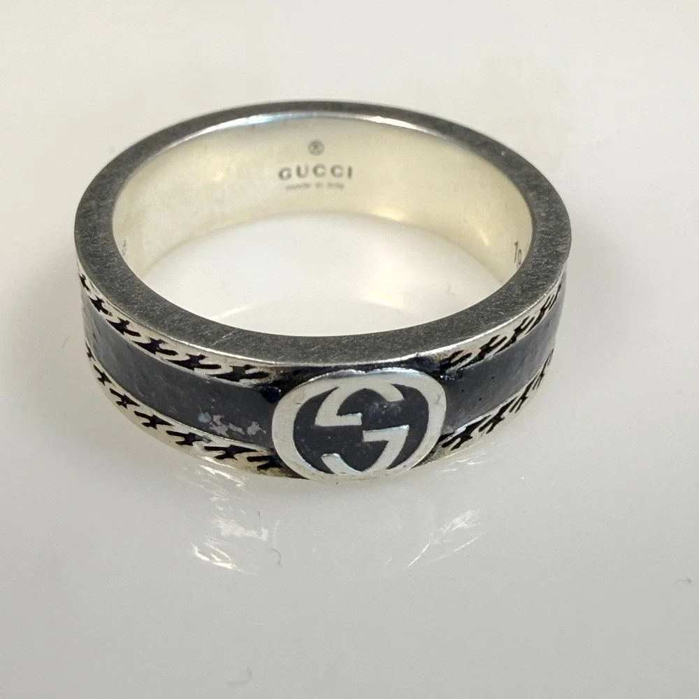 Gucci Interlocking GG 745573 Black Resin Sterling Silver 925 Ring Size 20 US 9