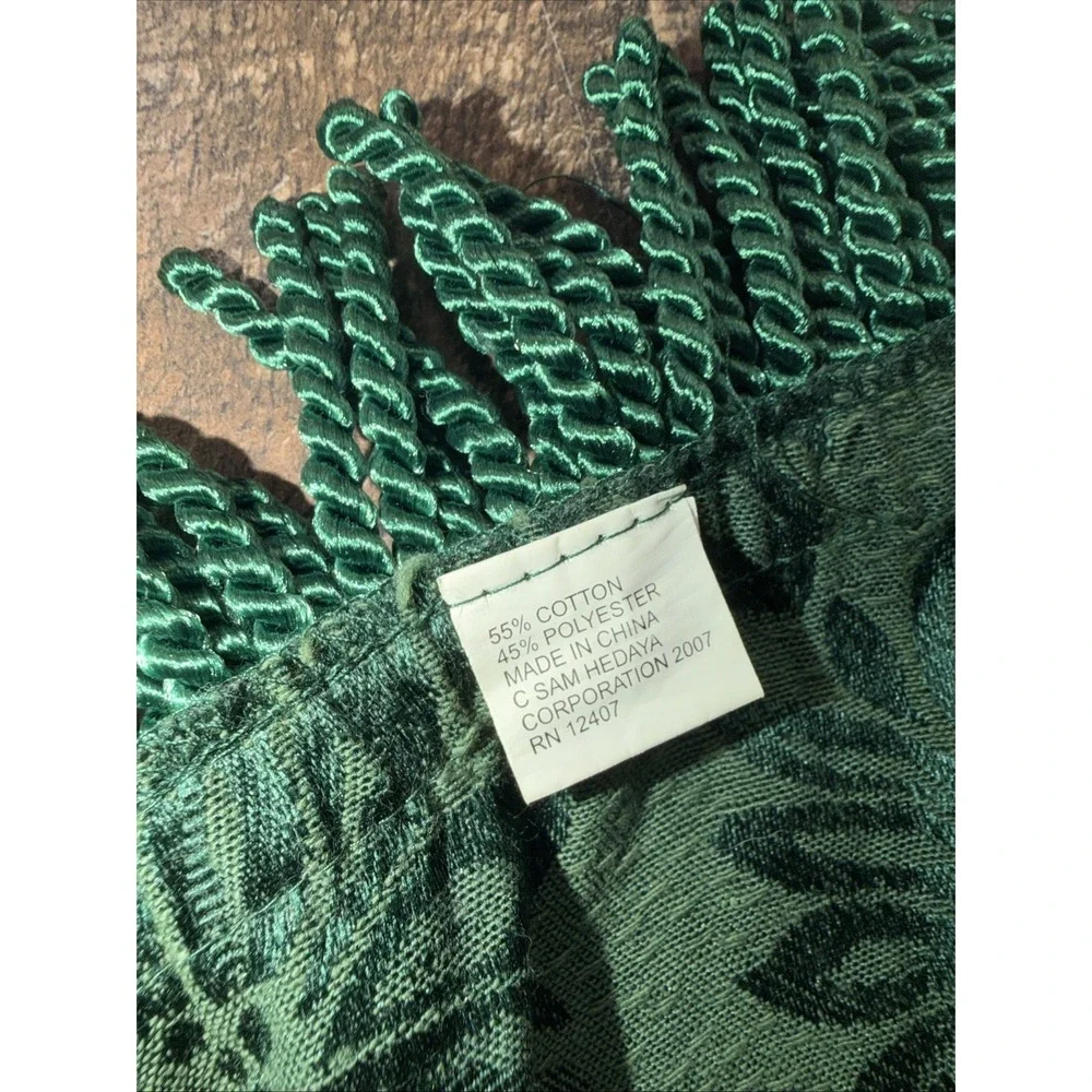 Sam Hedaya Christmas Tablecloth 60x104‎ Oblong Emerald Green Fringe Vintage 2007