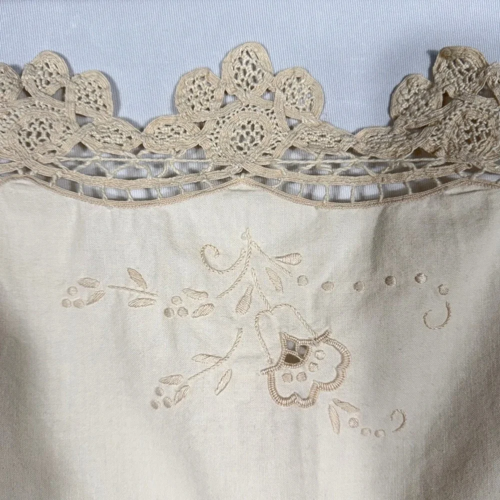 Vtg Linen Tea Tablecloth Handmade Crochet Lace Trim‎ Cutwork Embroidery Cream