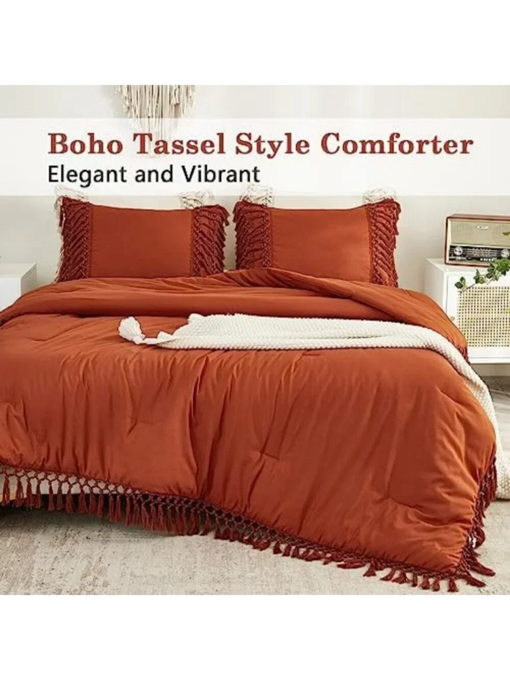 Boho Terracotta Queen Comforter Set, 3-Piece Tassel Bedding for Cozy Home Decor