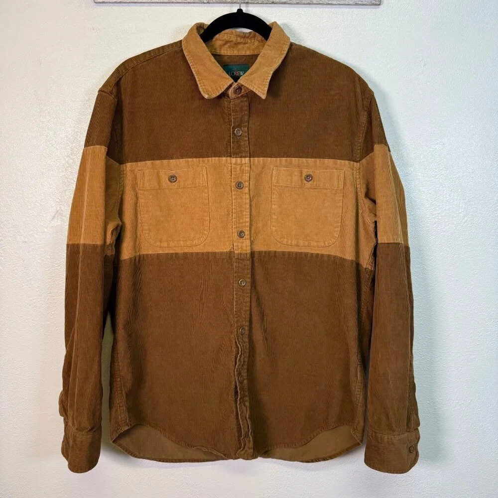 J. Crew Mens Midweight Corduroy Workshirt in Colorblock Medium Brown tan