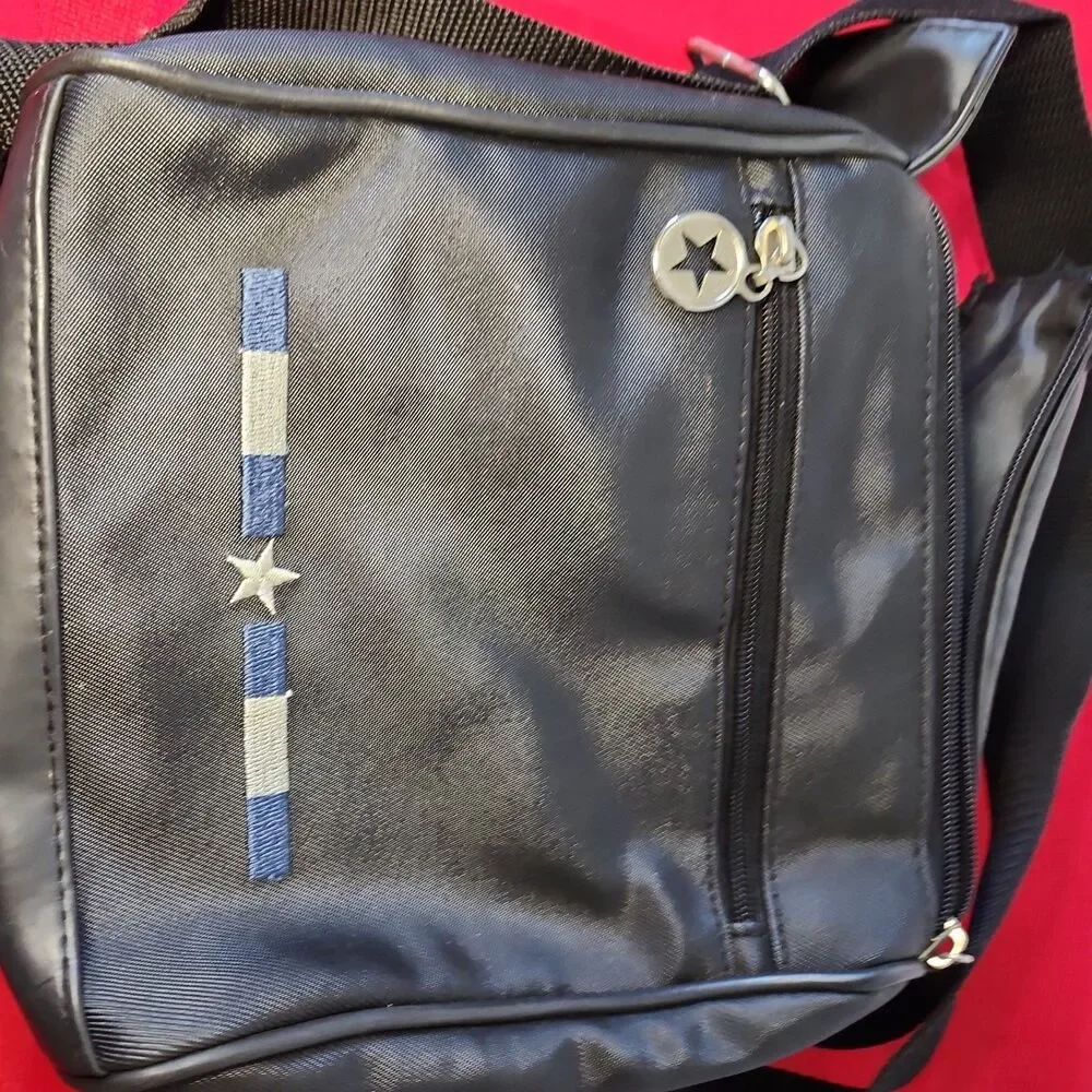 Vtg Black Nylon Crossbody Bag Utility Messenger Shoulder Star Multi-Pocket