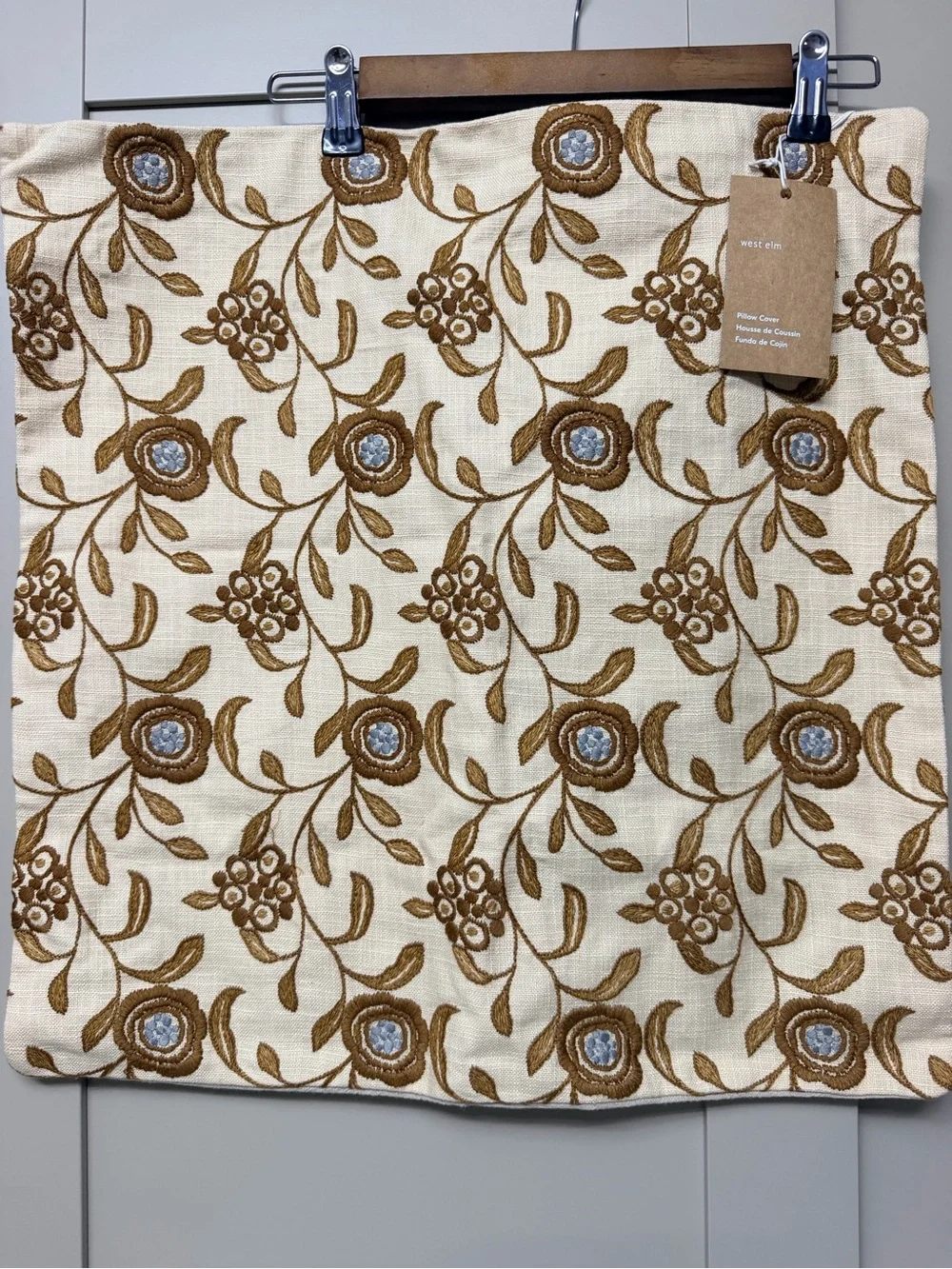 West Elm Cream and Brown Floral Embroidered Pillow Cover 20x20
